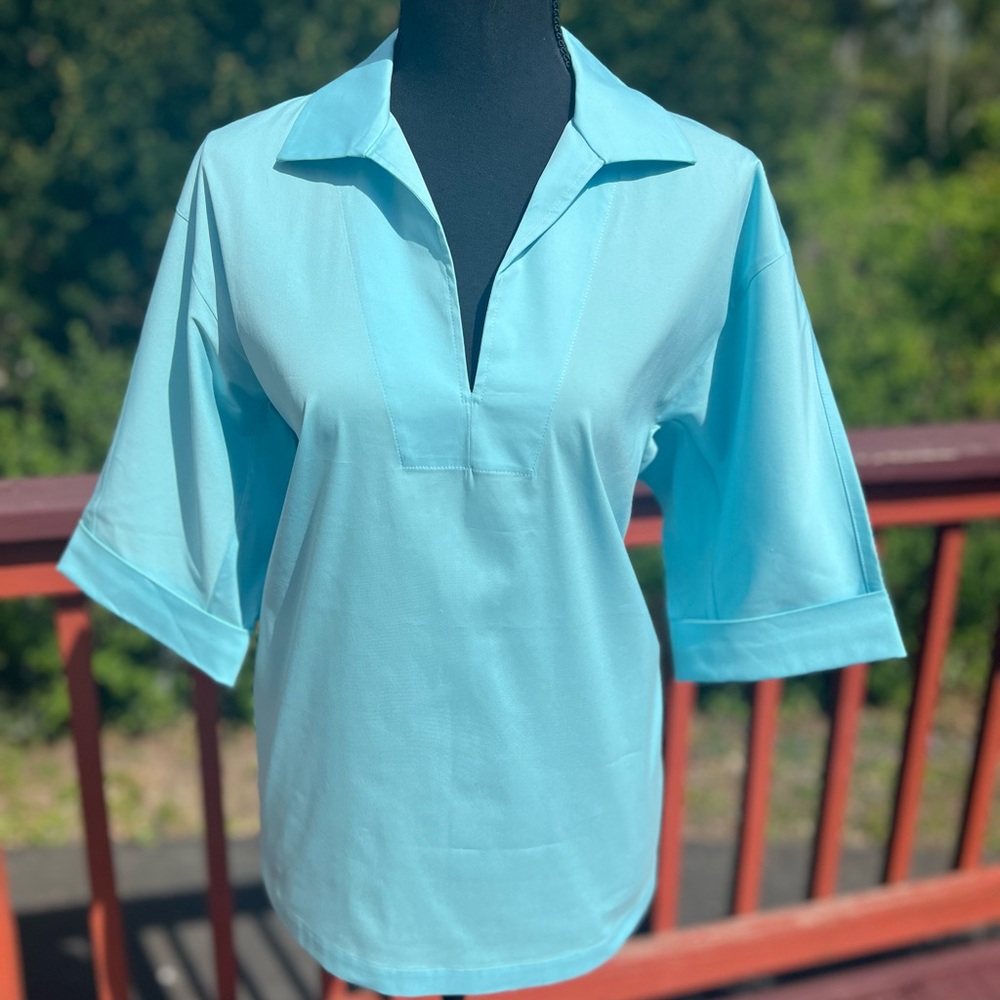 LAFAYETTE 148 NEW YORK NEW ITALIAN COTTON STRETCH BLOUSE IN LAGOON SIZE SMALL - Picture 2 of 13